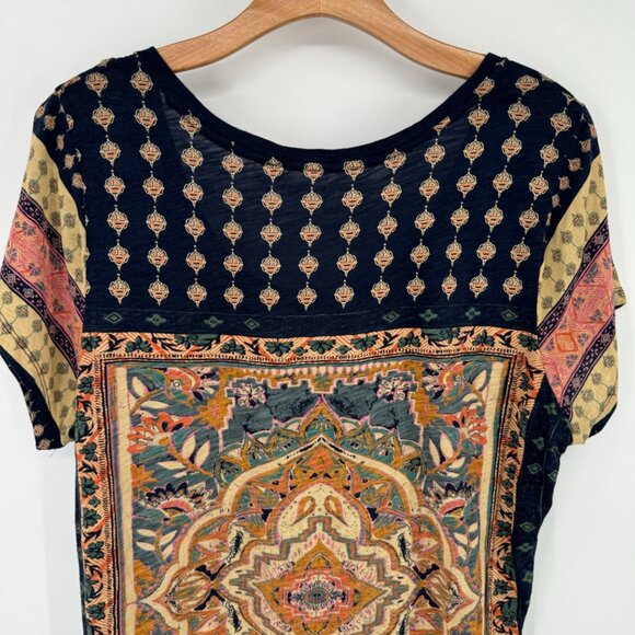 Lucky Brand Womens Boho Print Short Sleeve Top Gold blue medallion size 1X plus - Picture 12 of 13